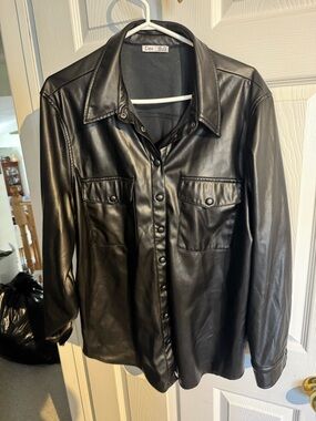 Dex Black Faux Leather Snap-Front Shirt Jacket